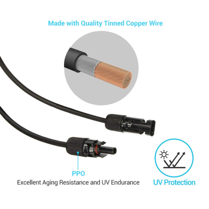 Renogy Solar Panel Extension Cable is 15Ft long 10AWG thickness, equipped with MC4 Male to Female Connectors