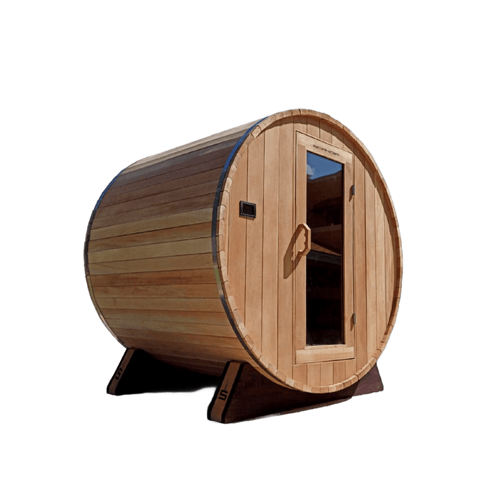 Scandia's Electric Barrel Sauna Kit with glass elements, dimensions 6'W x 4'D x 6'H.