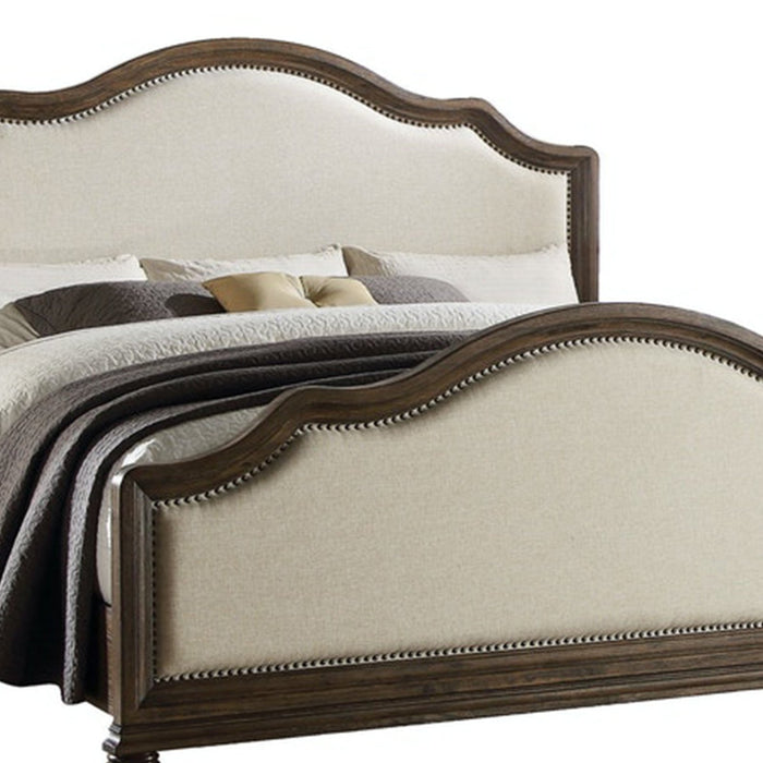 Homeroots Queen Bed in Elegant Beige Linen Upholstery Adorned with Chic Nailhead Trim