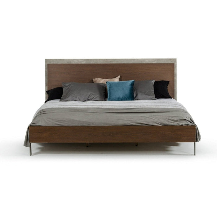 Homeroots Queen Bed with a Contemporary Blend of Dark Walnut and Concrete Elegance