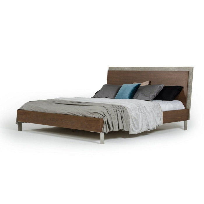 Homeroots Queen Bed with a Contemporary Blend of Dark Walnut and Concrete Elegance