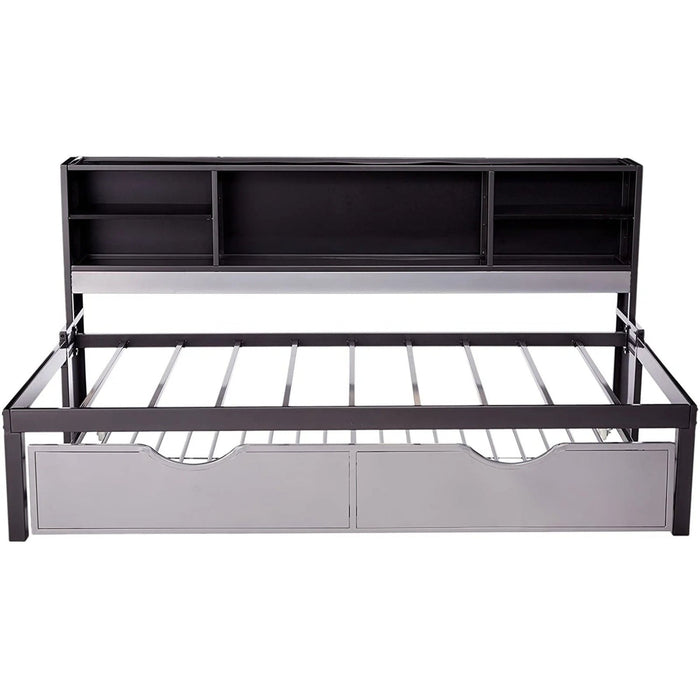 Homeroots Twin Bed with Trundle: Sleek Black and Silver Steel Elegance