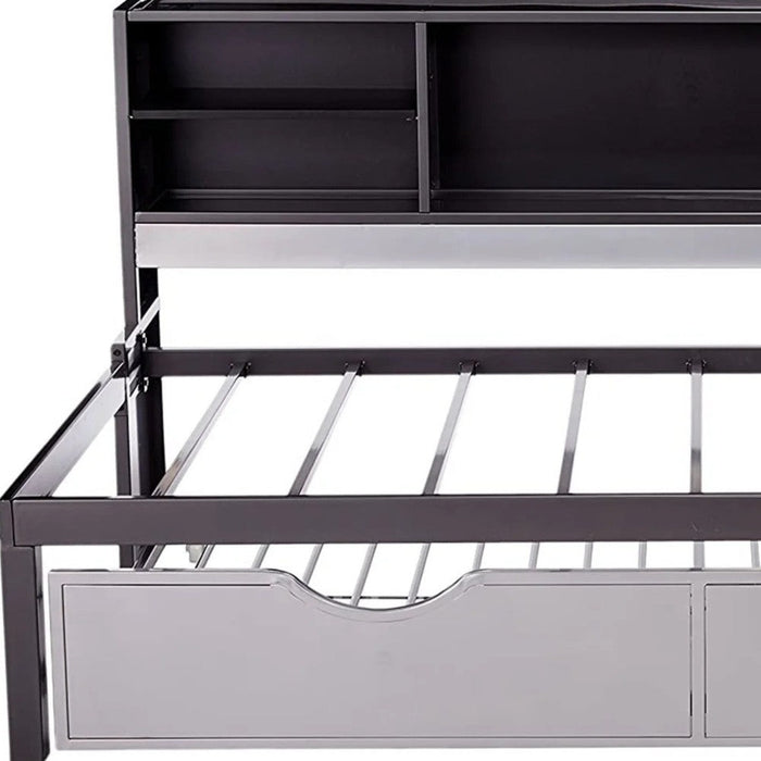 Homeroots Twin Bed with Trundle: Sleek Black and Silver Steel Elegance