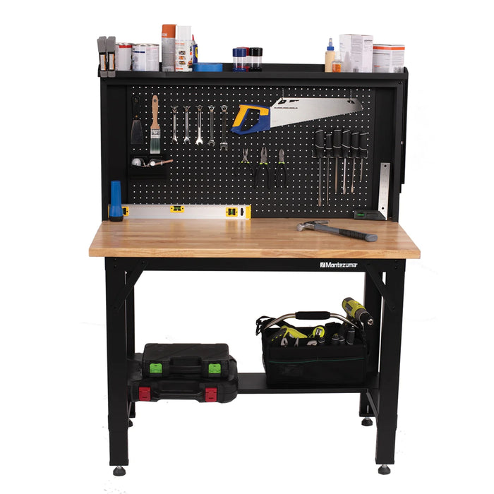 Montezuma 48" Steel Workbench with Adjustable Height and Pegboard Back Wall