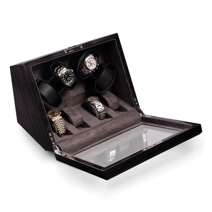 Bey-Berk Louis Ash Wood High-Lacquer Four-Watch Winder with Storage Case