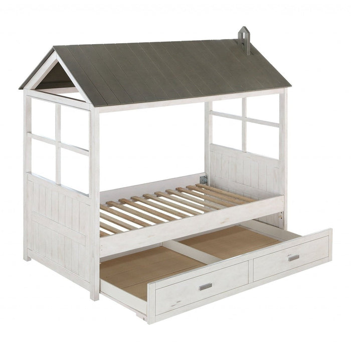 HomeRoots Twin White Treehouse Bed Frame with Dual Drawers