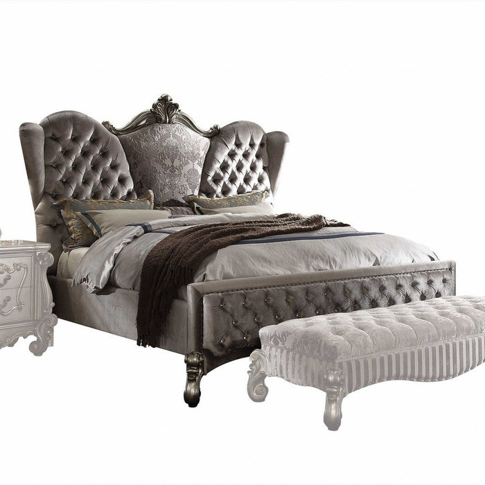 Tufted Gray Velvet Bed with Black Accents and Nailhead Trim by Homeroots