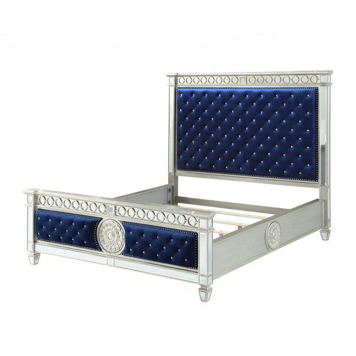 Homeroots Tufted Blue Velvet Bed with Nailhead Trim