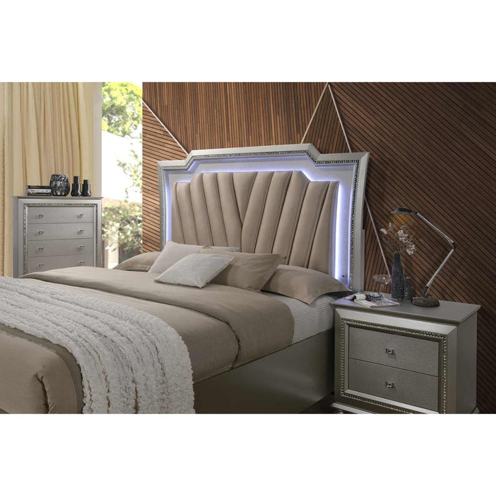 HomeRoots Champagne Wood LED Bed – Elegant Upholstered Headboard Design