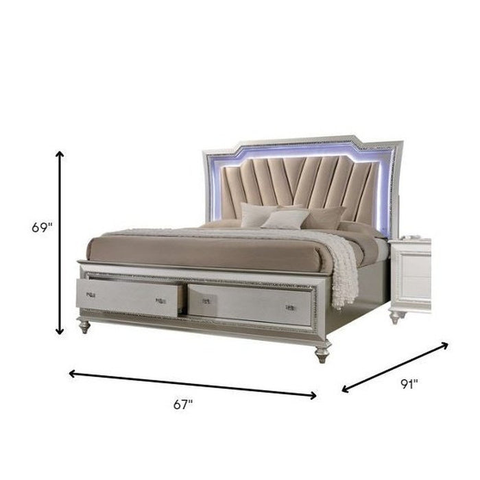 HomeRoots Champagne Wood LED Bed – Elegant Upholstered Headboard Design