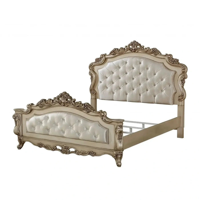 Homeroots Queen Tufted Silk Bed with Nailhead Trim in Champagne Finish