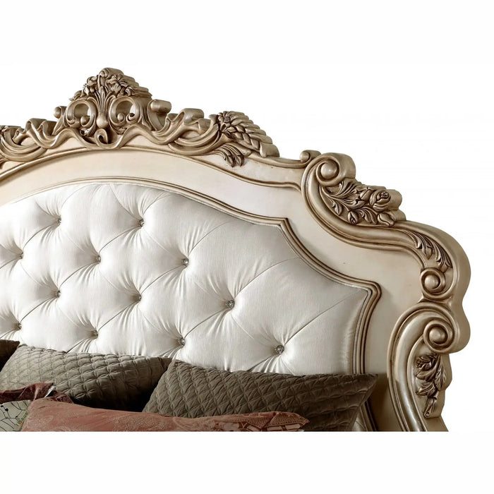 Homeroots Queen Tufted Silk Bed with Nailhead Trim in Champagne Finish