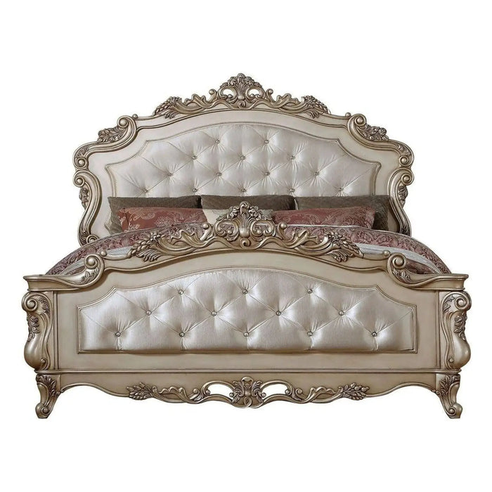 Homeroots Queen Tufted Silk Bed with Nailhead Trim in Champagne Finish