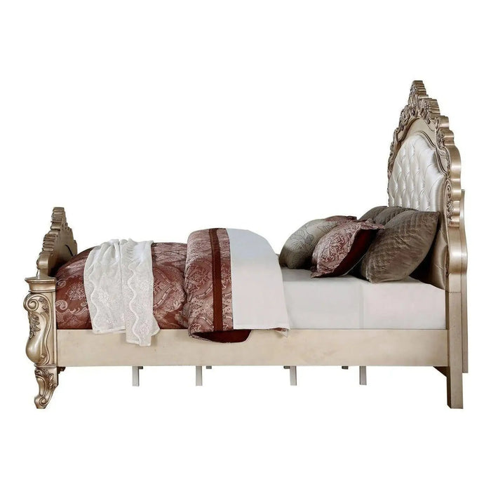 Homeroots Queen Tufted Silk Bed with Nailhead Trim in Champagne Finish