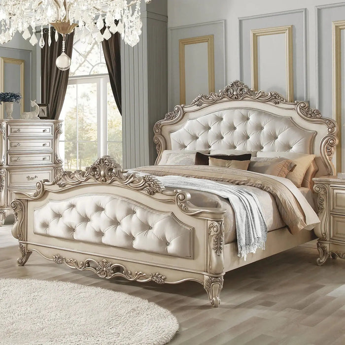 Homeroots Queen Tufted Silk Bed with Nailhead Trim in Champagne Finish