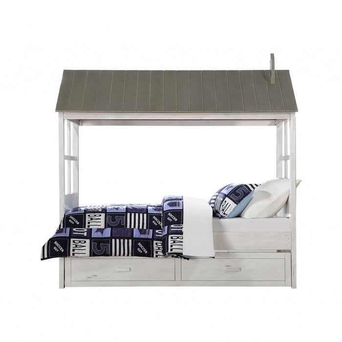 HomeRoots Twin White Treehouse Bed Frame with Dual Drawers