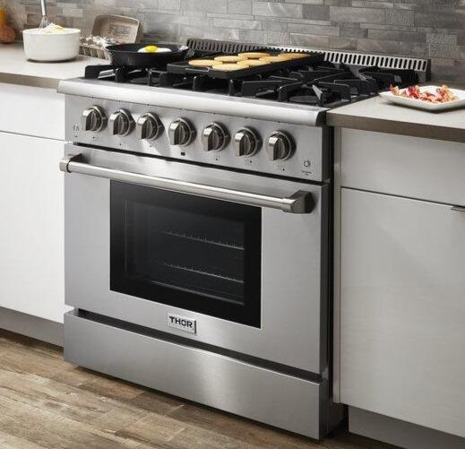 Thor Kitchen Package - 36" Propane Dual Fuel Range, Range Hood, Refrigerator, Dishwasher, AP-HRD3606ULP-W-11
