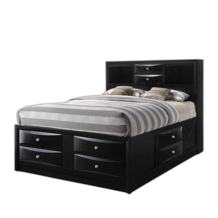 Homeroots Black Wood Platform King Bed with Convenient Pull-Out Tray