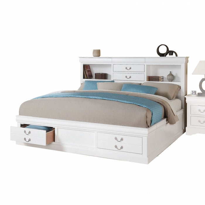 HomeRoots White Wooden Queen Bed: Stylish Storage Solution