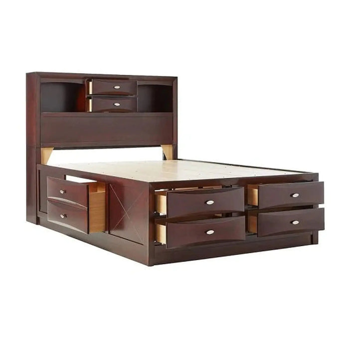 Homeroots Espresso Queen Bed with Pull-Out Tray and Multi-Drawer Wood Platform