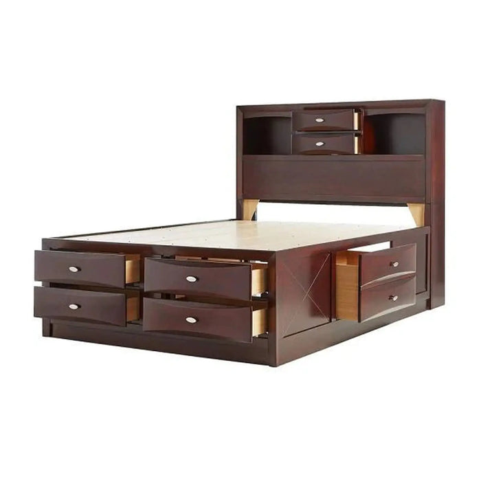 Homeroots Espresso Platform Full Bed - Multi-Drawer Wood Design with Pull Out Tray