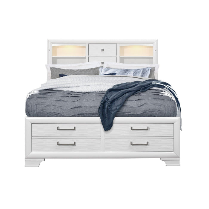 Homeroots Elegant White Queen Bed with Eight Solid Wood Drawers