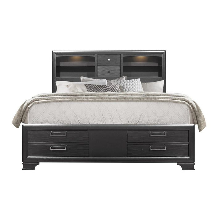 Homeroots King-Size Bed with Eight Gray Solid Wood Drawers