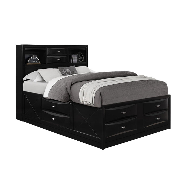 Homeroots Bed in Elegant Black Finish with Eight Solid Wood Drawers