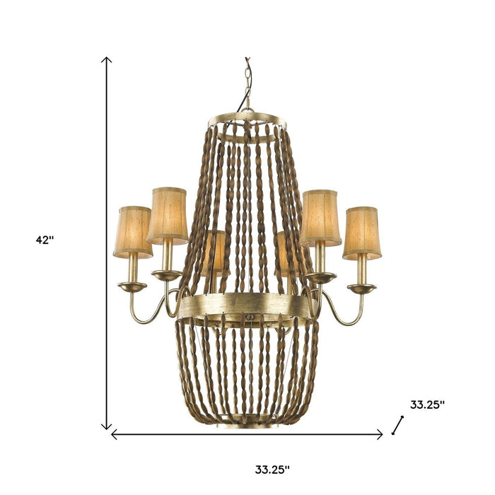 Anastasia 12-Light Gold Leaf Chandelier | Wooden Beads, Fabric Shades