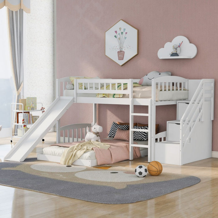 White Twin Bunk Bed with Storage Stairs & Slide - Space-Saving Solution