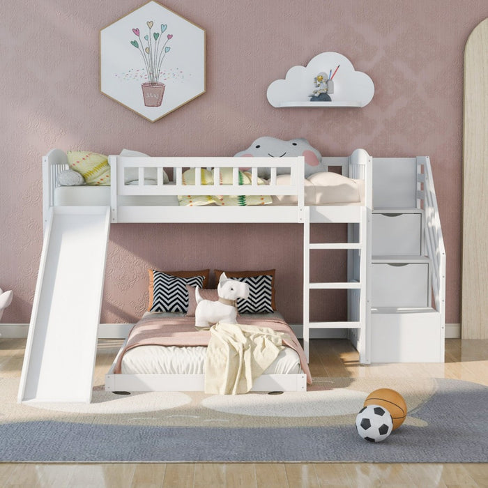 White Twin Bunk Bed with Storage Stairs & Slide - Space-Saving Solution