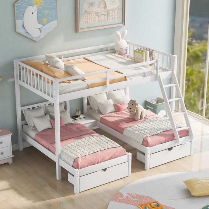 White Full Over Double Twin Bunk Beds - Space-Saving Design with Drawers