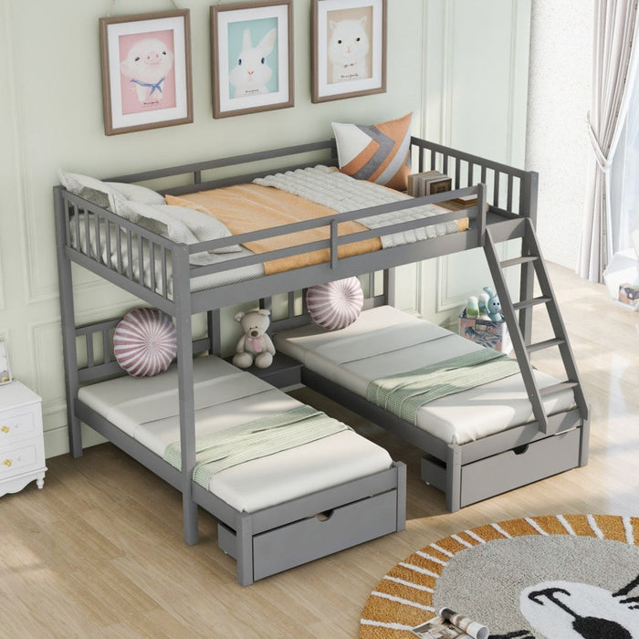 Gray Full Over Twin Triple Bunk Beds – Space-Saving Design with Drawers