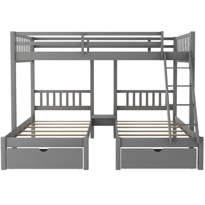 Gray Full Over Twin Triple Bunk Beds – Space-Saving Design with Drawers