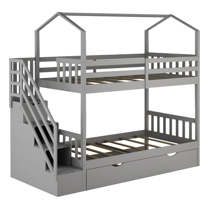 Playful Gray Twin Bunk Bed with Trundle & Staircase – HomeRoots Kids Delight