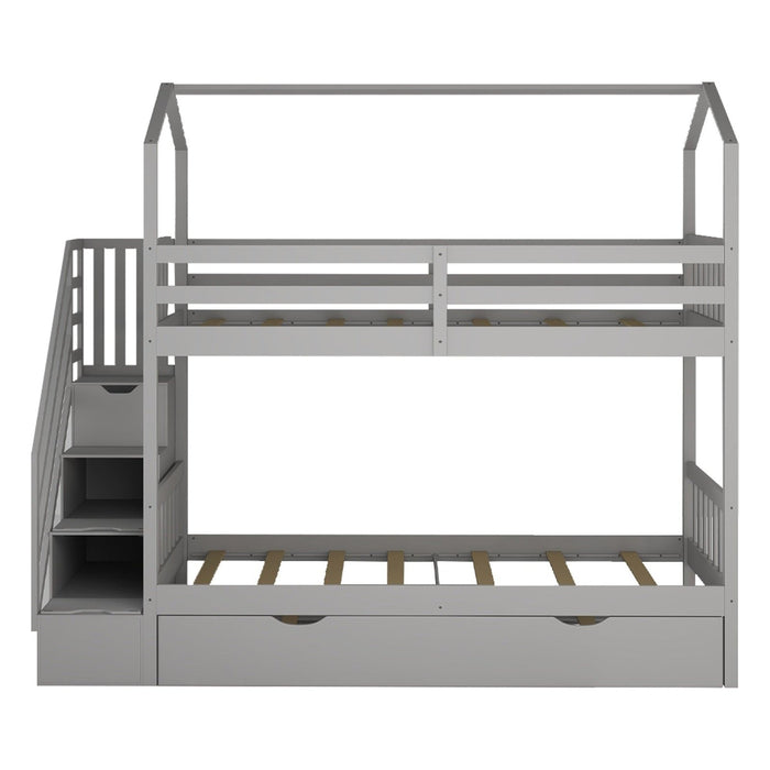 Playful Gray Twin Bunk Bed with Trundle & Staircase – HomeRoots Kids Delight