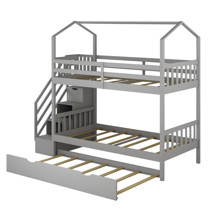 Playful Gray Twin Bunk Bed with Trundle & Staircase – HomeRoots Kids Delight