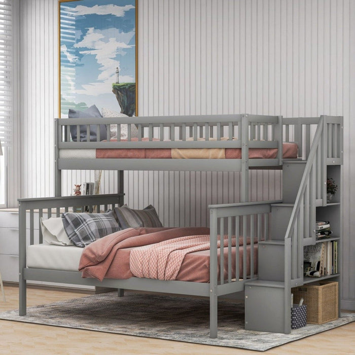 Gray Twin Over Full Bunk Bed – Farmhouse Style with Staircase by Homeroots