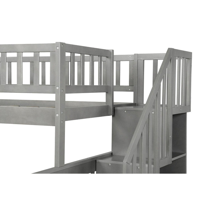 Gray Twin Over Full Bunk Bed – Farmhouse Style with Staircase by Homeroots