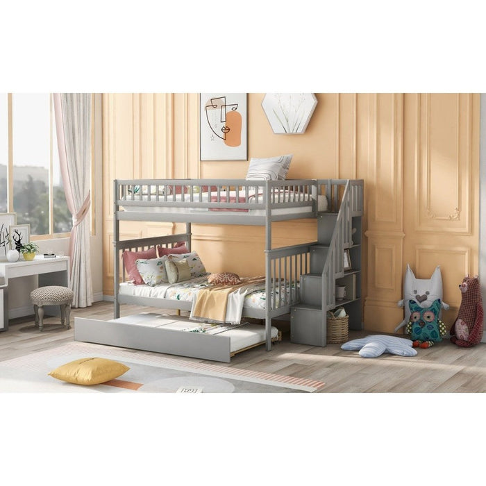 Farmhouse Gray Full/Full Bunk Bed with Trundle & Staircase - Homeroots