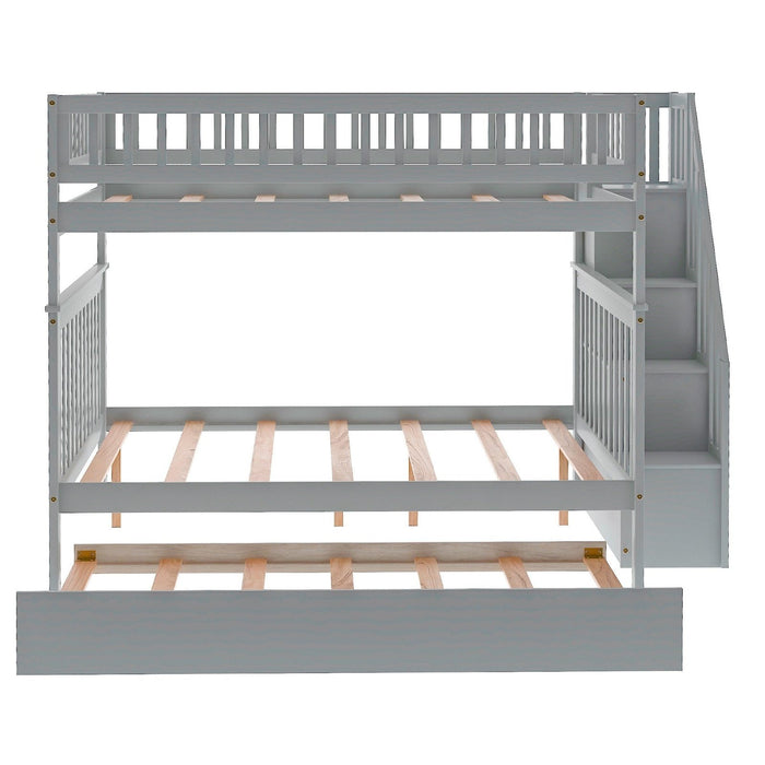 Farmhouse Gray Full/Full Bunk Bed with Trundle & Staircase - Homeroots