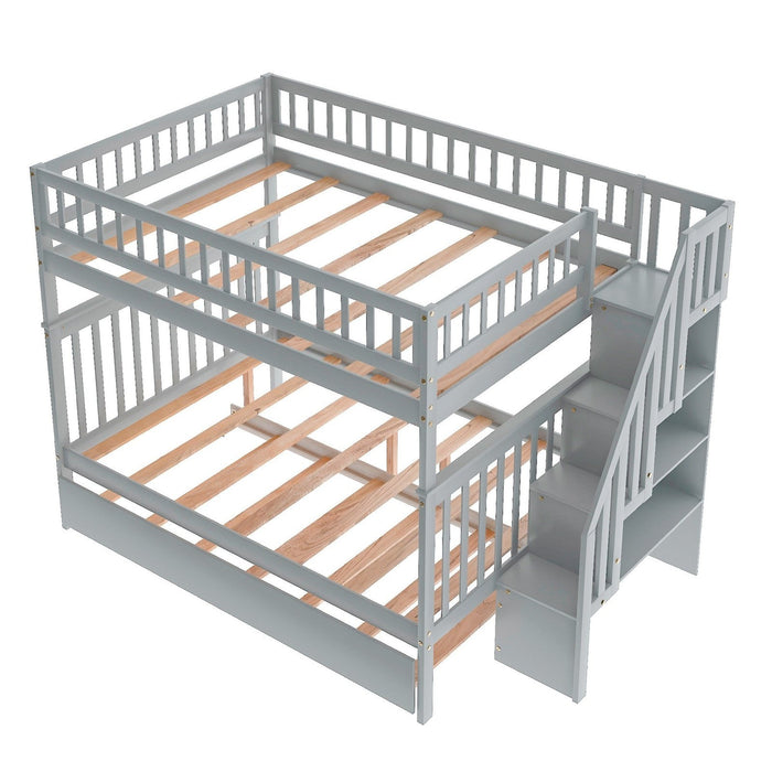 Farmhouse Gray Full/Full Bunk Bed with Trundle & Staircase - Homeroots