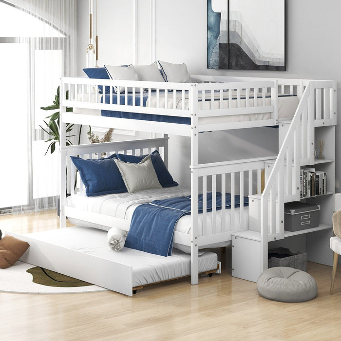 White Full Over Full Farmhouse Bunk Bed with Trundle & Staircase by Homeroots