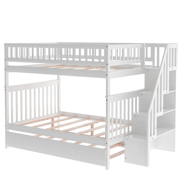 White Full Over Full Farmhouse Bunk Bed with Trundle & Staircase by Homeroots