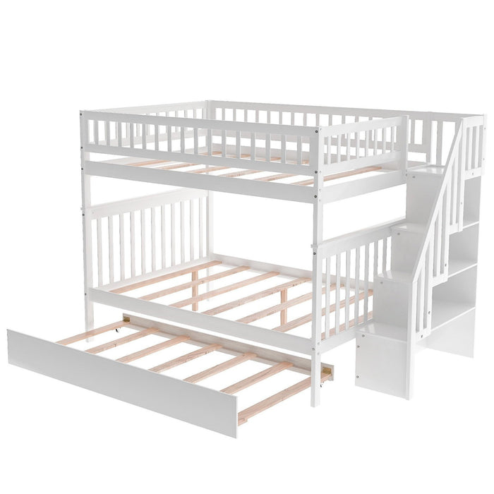 White Full Over Full Farmhouse Bunk Bed with Trundle & Staircase by Homeroots