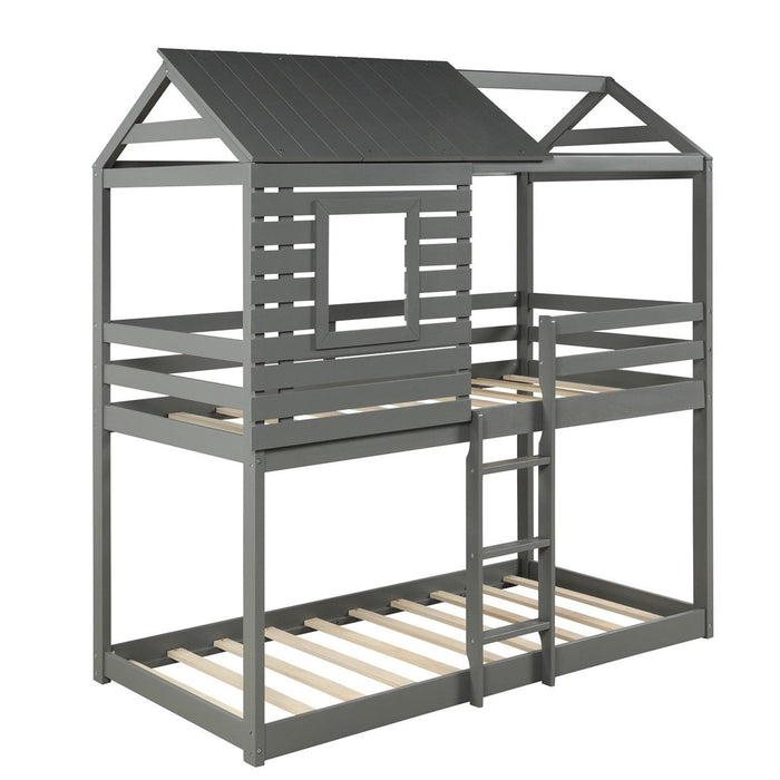 Homeroots Gray Twin Over Twin Bunk Bed with Unique Roof Design