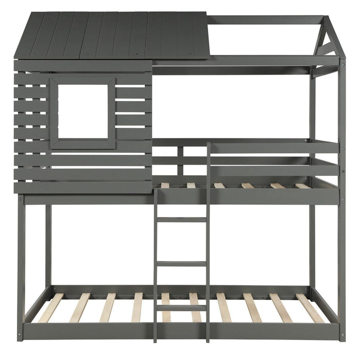 Homeroots Gray Twin Over Twin Bunk Bed with Unique Roof Design