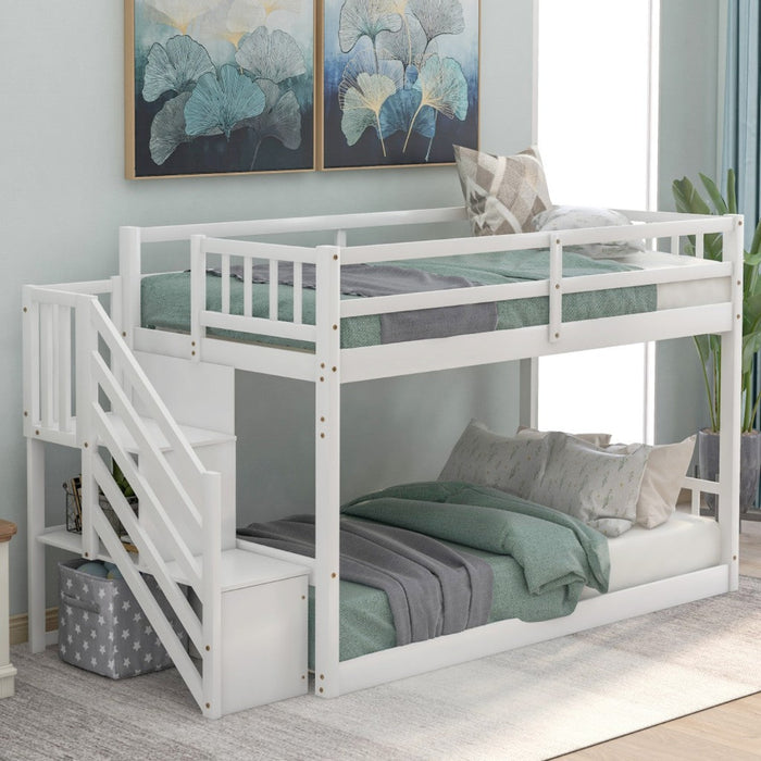 White Twin Over Twin Bunk Bed with Staircase  Homeroots