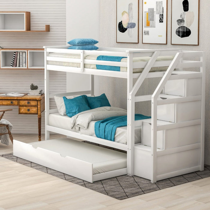 White Twin Bunk Bed + Trundle - Space-Saving Sleep Solution