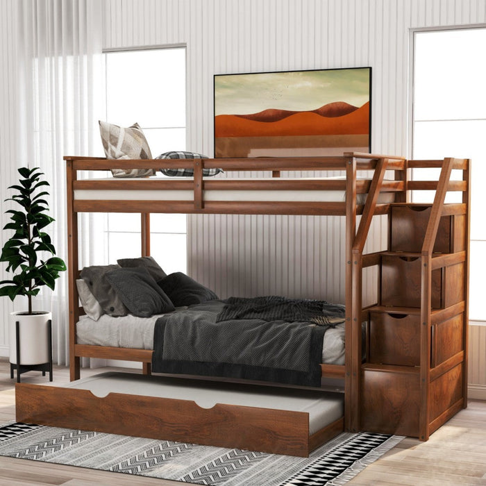 Walnut Twin Bunk Bed + Trundle - HomeRoots Space-Saving Solution
